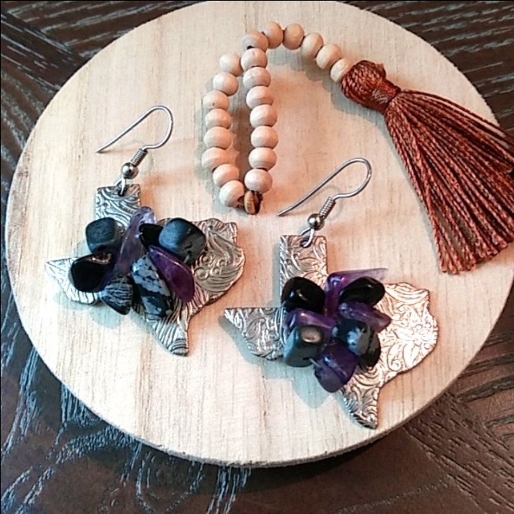 Western Style Silver Tone Embellished Texas Earrings Pendants